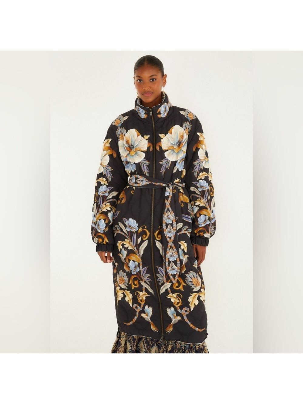 Farm Rio Black Flowerful Snake Garden Reversible Maxi Puffer Jacket - Picture 7 of 10
